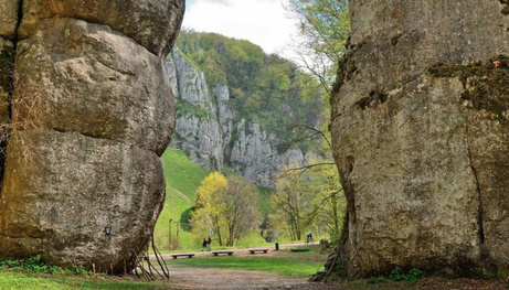 Towering Limestone Cliffs of Ojców Dramatic white limestone rock formations and boulders along the road cycling route in Ojców.