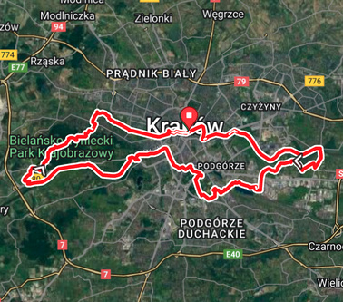 City to Forest Route Route map from Nowa Huta district to the Krakow Zoo forest.
