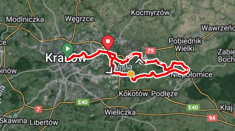 Nowa Huta Lakes Route Details GPS cycling loop map exploring the lakes of Nowa Huta.