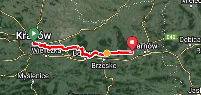 Kraków to Tarnów Route Map Road bike route to Tarnów with train return option map.
