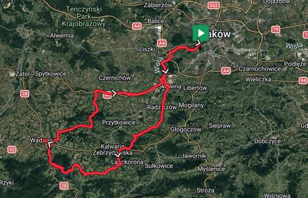 Wadowice Century Route Map 100km+ road bike century route map from Krakow to Wadowice.
