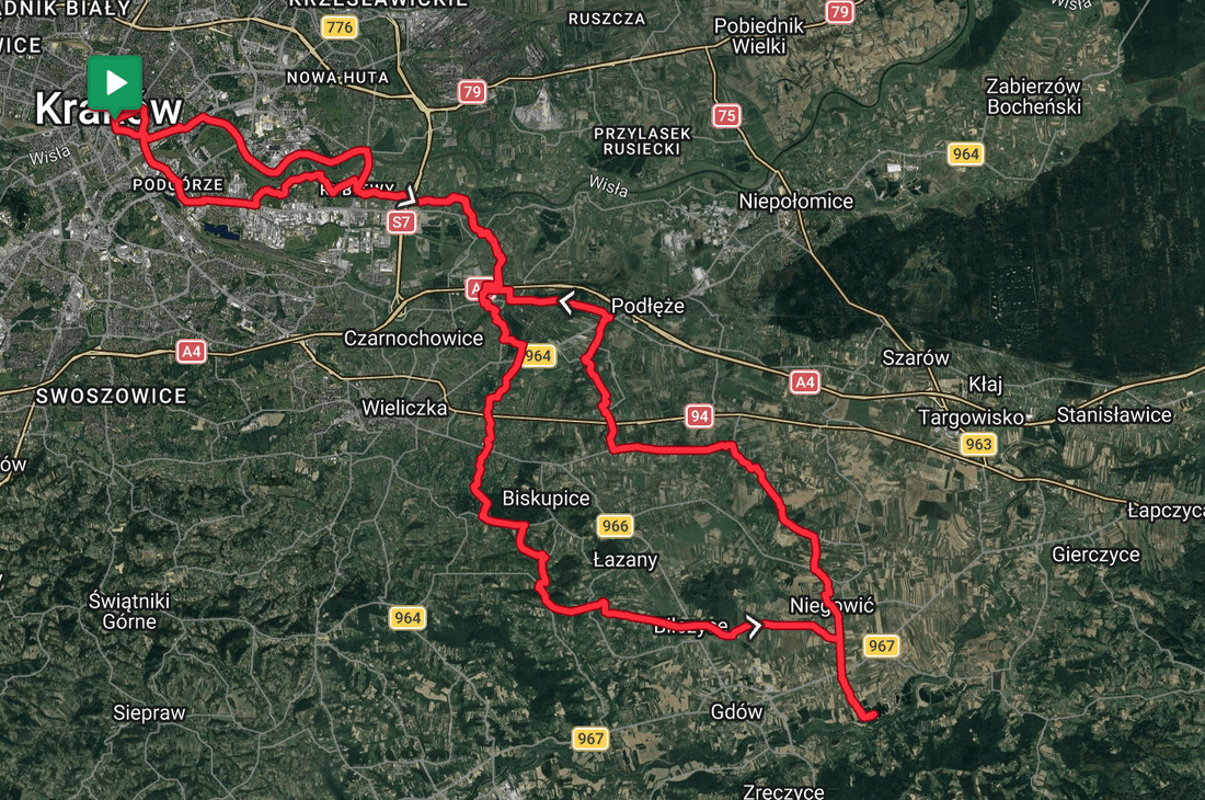 Kuter Port Beach Route Map Road bike route map from Krakow to Kuter Port beach and lake.