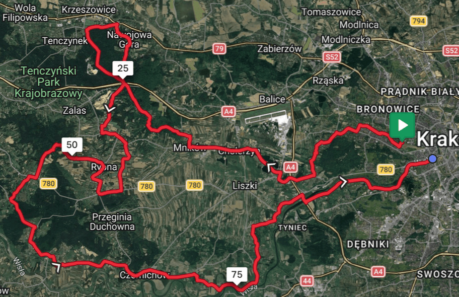 Tenczyński & Vistula Route Map GPS map for Tenczyński Landscape Park and Vistula river loop.