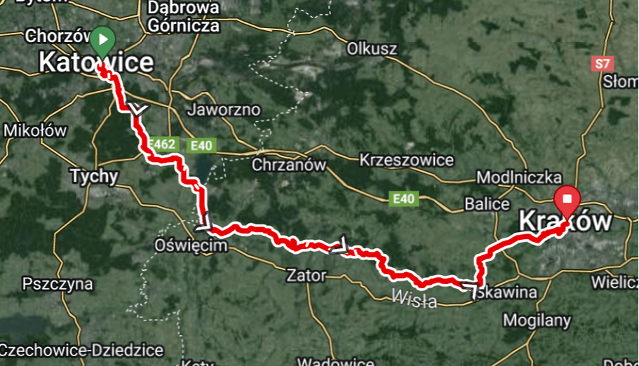 Katowice to Kraków Route Map Point-to-point road bike map from Katowice to Krakow.